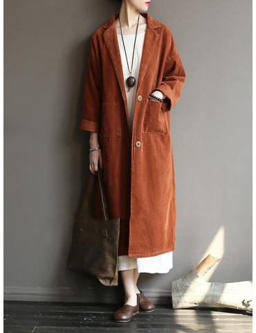 Lapel Solid Color Long Sleeve Corduroy Vintage Long Coat