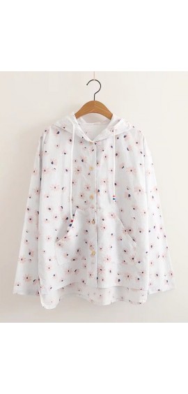 Asymmetrical Floral Print Hooded Long Sleeve Casual Coats