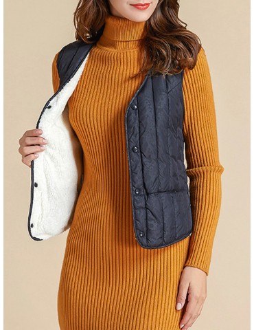 Women Casual Cotton Lined Solid Color Puffer V-neck Vest Coat