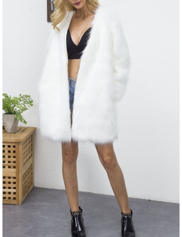 Elegant Faux Fur Solid Color V Neck Long Coat