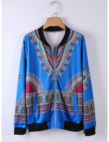 Ethnic Printed Long Sleeve Zipper Fly Thin Jackets