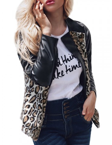 Leopard Print Patchwork Autumn Winter Long Sleeve PU Short Jacket