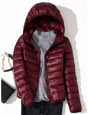 Casual Pure Color Hooded Pockets Long Sleeve Women Down Coats