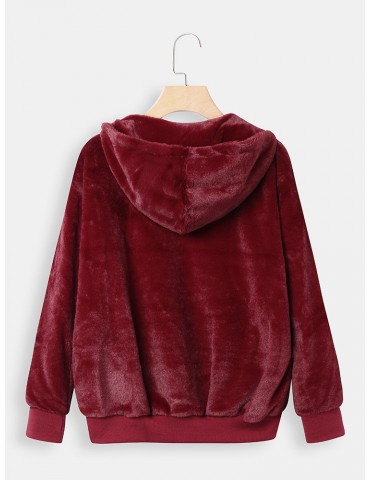 Solid Color Hooded Long Sleeve Short Coat For Women