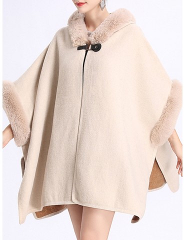 Elegant Faux Fur Patchwork Hooded Women Cloak Coats