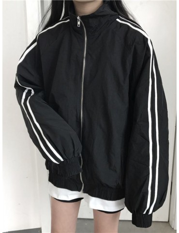 Side Striped Zipper Stand Baseball Jacket