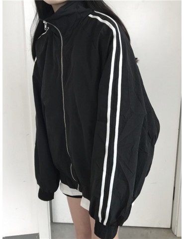 Side Striped Zipper Stand Baseball Jacket