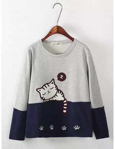 Women Cats Printed Contrast Color O-Neck Pullover Sweatshirts