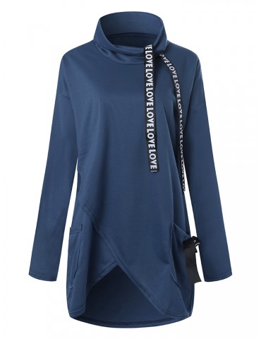 Casual Women Turtleneck Letters Print Irregular Sweatshirts