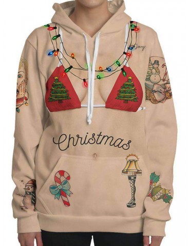 Christmas Cartoon Print Long Sleeve Casual Hoodies