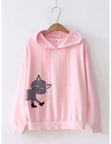 Embroidery Cat Hooded Long Sleeve Sweatshirts