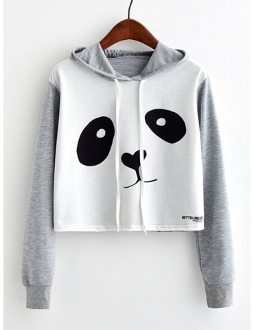 Casual Panda Pattern Patchwork Hooded Long Sleeve Women Hoodies