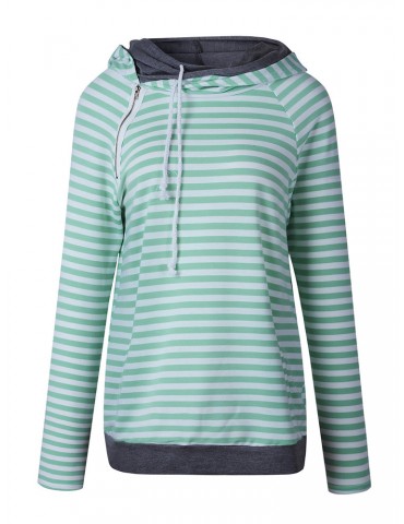 Casual Stripe Patchwork Side Zipper Hooded Women Hoodies