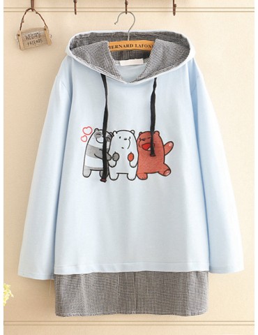 Bear Embroidered Hooded Fake Two Pieces Sweashirt