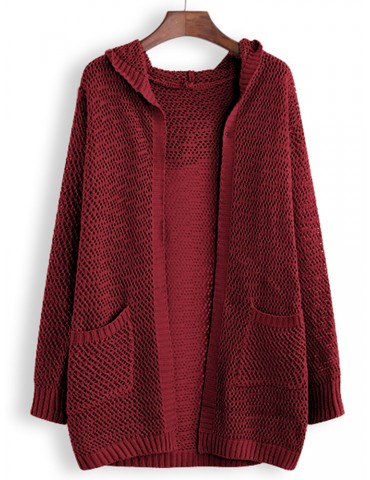 Solid Color Hollow Long Sleeve Hooded Casual Cardigan