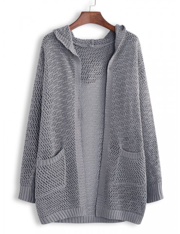 Solid Color Hollow Long Sleeve Hooded Casual Cardigan