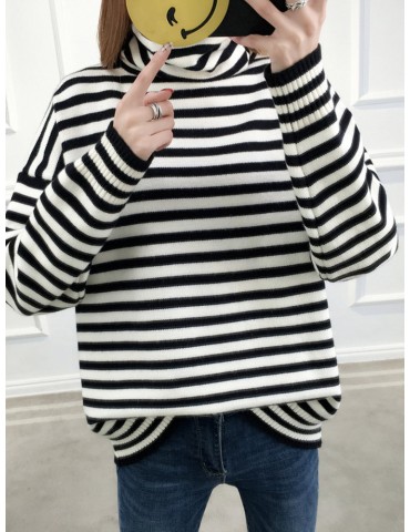 Striped Knit Pullover High-neck Sweaster