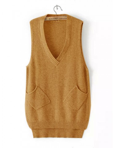 Women Casual Knit Solid Color V-neck Mid-long Irregular Hem Sweater