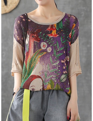 Cartoon Printed Vintage O-neck Half Sleeve Sweater For Women