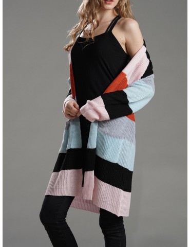 Casual Muticolor Striped Pockets Long Sleeve Cardigan