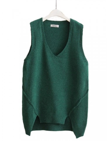 Women Casual Knit Solid Color V-neck Irregular Hem Sweater