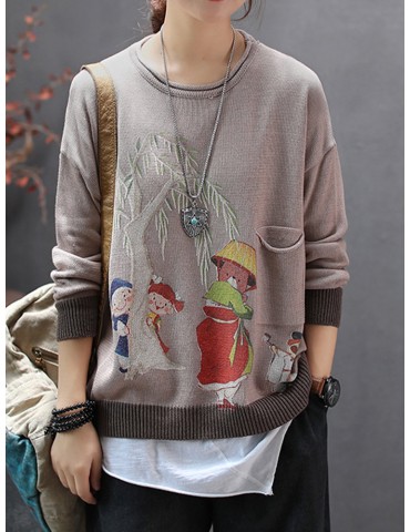 Cartoon Print Patchwork Long Sleeve Sweater For Women