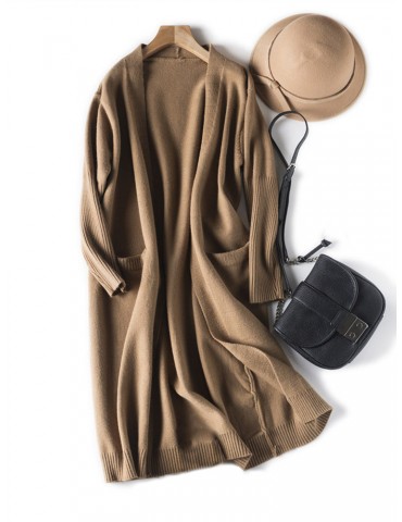 Casual Loose Brief Solid Color Pockets Women Long Cardigans