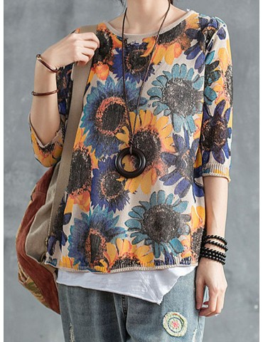 Vintage Printed O-neck Long Sleeve Sweater