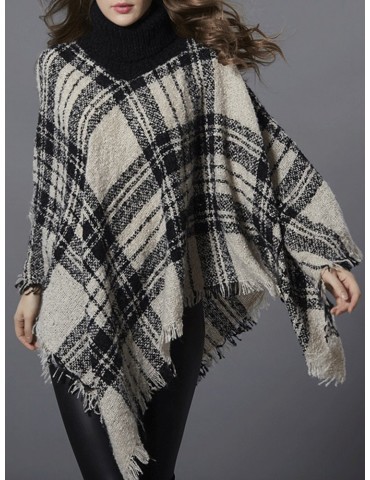 Casual Plaid Print Irregular Tassels Turtleneck Women Cloak Sweaters