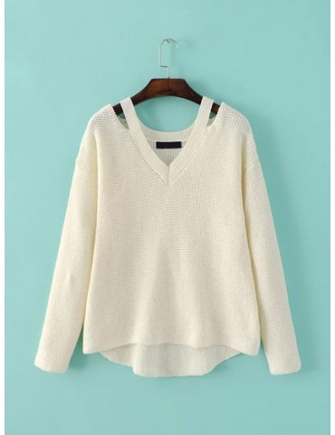 Women Casual Cold Shoulder Loose V-neck Long Sleeve Sweater