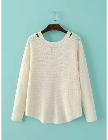 Women Casual Cold Shoulder Loose V-neck Long Sleeve Sweater