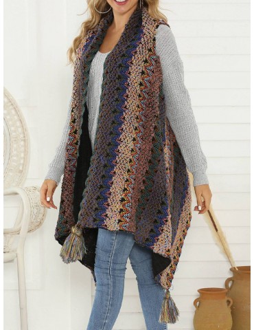 Tassels Multicolor Irregular Sleeveless Cardigan For Women